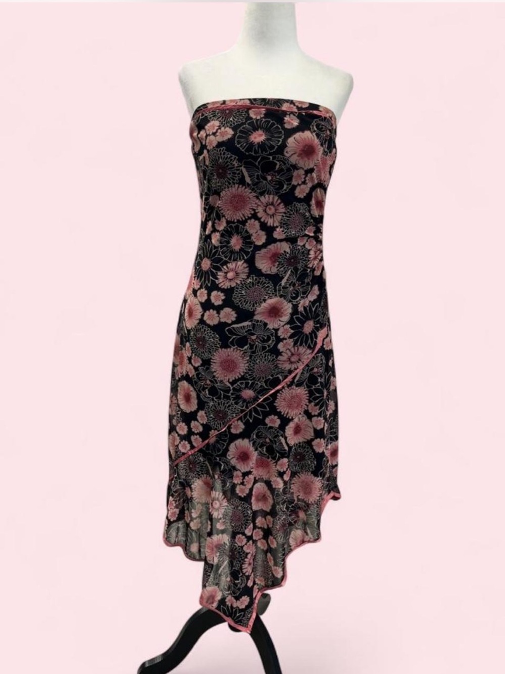 Strapless Asymmetrical Floral Dress in Black with Pink Print